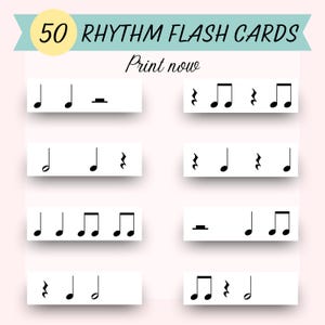 Tarjetas didácticas de ritmo (juego 3), corchea, silencio de corchea, corcheas unidas, blanca, silencio de blanca, negra, silencio de negra, corcheas, blanca