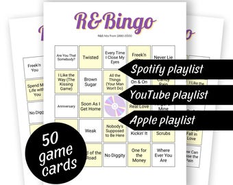 R&B Music Bingo (1990-2000) 50 cards, Family Game Night, Spotify, Apple and YouTube Playlist