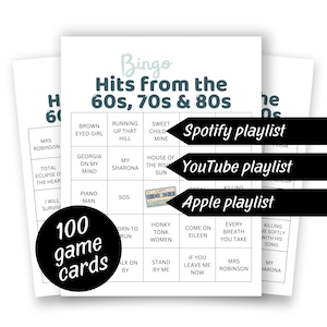 Juego de bingo con éxitos de los años 60, 70 y 80 (100 tarjetas), juegos de fiesta, imprimibles, juegos de fiesta de cumpleaños