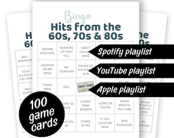 60er 70er 80er Hits Bingo Spiel (100 Karten), Gesellschaftsspiele, zum Ausdrucken, Geburtstagsspiele