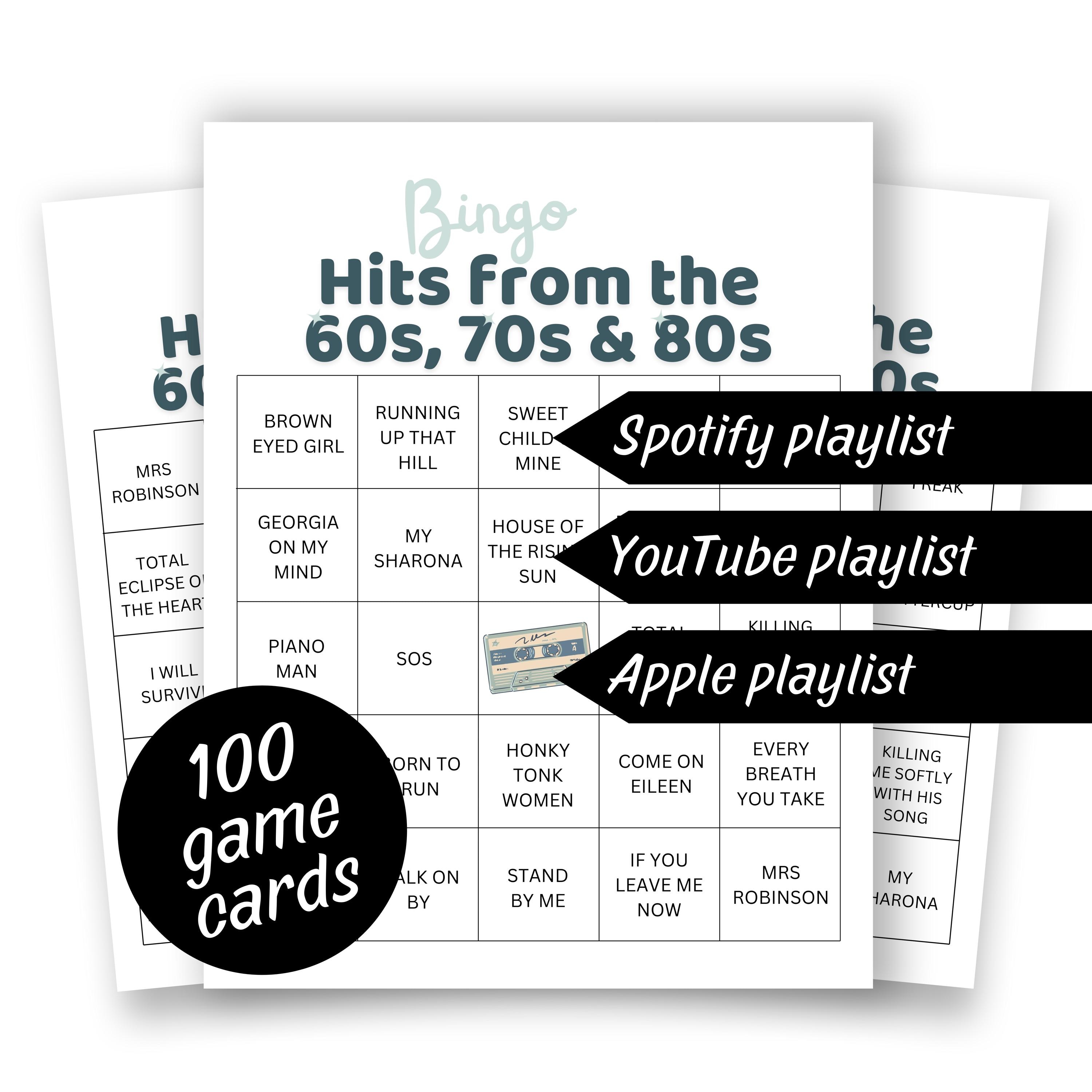 60s 70s 80s Hits Bingo Game (100 Cards), Party Games, Printable ...