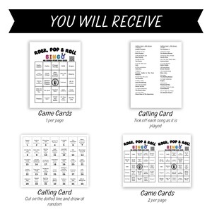 K&ouml;nnte beinhalten: Ein druckbarer Satz Bingo-Karten und Ansagekarten f&uuml;r ein Rock'n'Roll-Themenspeil. Die Karten zeigen Songtitel aus den Jahren 1960 bis 2005. Die Ansagekarte enth&auml;lt eine Liste von Songs, die w&auml;hrend des Spiels angesagt werden sollen.