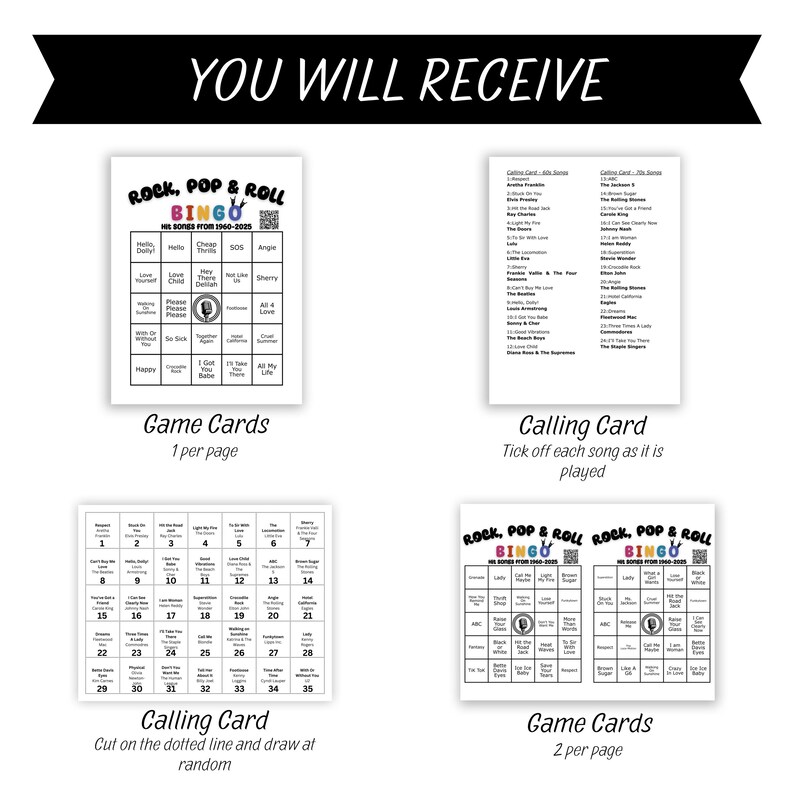 K&ouml;nnte beinhalten: Ein druckbarer Satz Bingo-Karten und Ansagekarten f&uuml;r ein Rock'n'Roll-Themenspeil. Die Karten zeigen Songtitel aus den Jahren 1960 bis 2005. Die Ansagekarte enth&auml;lt eine Liste von Songs, die w&auml;hrend des Spiels angesagt werden sollen.