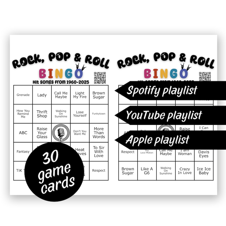 K&ouml;nnte beinhalten: Eine druckbare Bingokarte mit einem schwarz-wei&szlig;en Mikrofon-Symbol in der Mitte. Die Karte hat ein schwarz-wei&szlig;es Design mit den Worten "Rock, Pop & Roll Bingo" oben. Die Karte hat 25 Felder mit Songtiteln aus den Jahren 1960-2025. Die Karte hat auch einen QR-Code in der oberen rechten Ecke. Die Karte ist Teil eines Sets mit 30 Spielkarten.