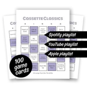 Bingo musical dos anos 70 e 80 - 100 cartelas (clássicos em cassete), sucessos musicais dos anos 70 e 80, noite de jogos em família, playlist do Spotify, Apple e YouTube