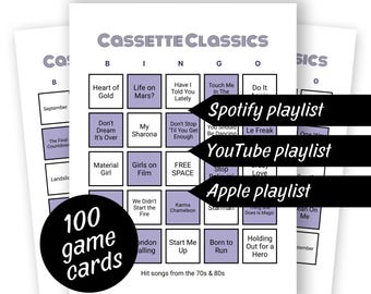 Bingo musical de los 70 y 80: 100 cartones (clásicos de casete), éxitos musicales de los 70 y 80, noche de juegos en familia, lista de reproducción de Spotify, Apple y YouTube