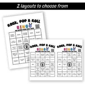 K&ouml;nnte beinhalten: Zwei druckbare Bingo-Karten-Designs mit einer Schwarzwei&szlig;illustration eines Mikrofons und dem Text "Rock, Pop & Roll Bingo" mit dem Untertitel "Hit songs from 1960-2025". Jede Karte hat ein 5x5-Raster mit Songtiteln in jedem Quadrat.