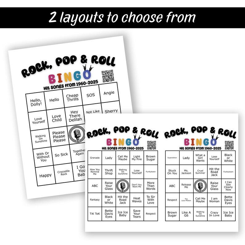 K&ouml;nnte beinhalten: Zwei druckbare Bingo-Karten-Designs mit einer Schwarzwei&szlig;illustration eines Mikrofons und dem Text "Rock, Pop & Roll Bingo" mit dem Untertitel "Hit songs from 1960-2025". Jede Karte hat ein 5x5-Raster mit Songtiteln in jedem Quadrat.