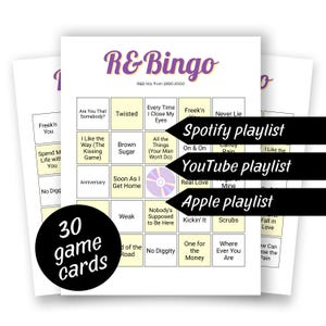 Bingo musical R&B (1990-2000) 30 tarjetas, Noche de juegos en familia, lista de reproducción de Spotify, Apple y YouTube