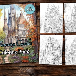 Fantasy Castle Coloring Page Book, Fantasy Coloring Book, Adult coloring book, Grayscale Coloring Page, Fantasy Coloring page