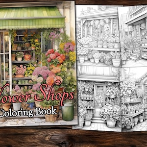 Flower Shops Coloring Page Book, Fantasy Coloring Book, Adult coloring book, Grayscale Coloring Page, Floral Coloring page