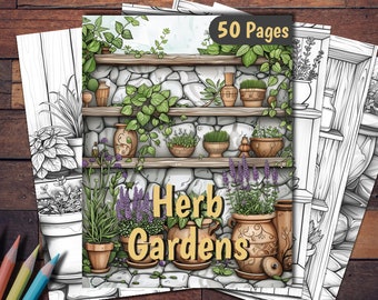 Herb Garden Coloring Book: 50 Grayscale Pages (Printable PDF)