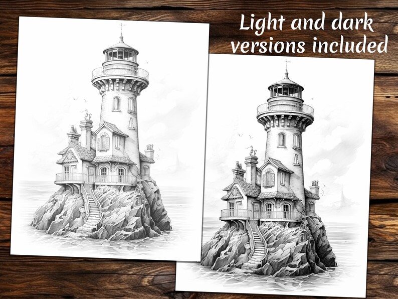 Lighthouse Drawing.pdf Lighthouses Coloring Book: Grayscale Fantasy Landscapes (PDF) - Etsy