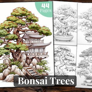 Bonsai Tree Coloring Book, 44 Coloring Pages, for Adults and for Kids coloring, Grayscale Coloring Book, Printable PDF