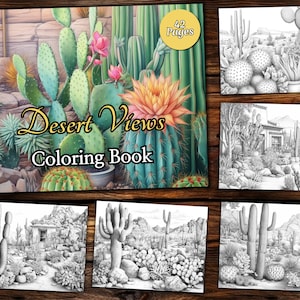 Desert Landscapes Coloring Page Book, Fantasy Coloring Book, Adult coloring book, Grayscale Coloring Page, Cactus Coloring page