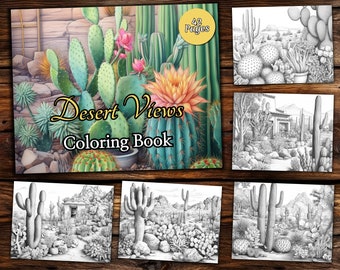 Desert Landscapes Coloring Book: Grayscale Cactus Art (PDF Download)