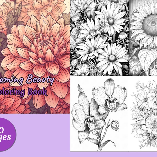 Beautiful Flower Coloring Page Book, Fantasy Coloring Book, Adult coloring book, Grayscale Coloring Page, Printable PDF