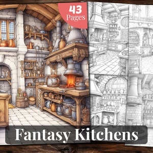 Fantasy Kitchens Coloring Book: 43 Printable Grayscale Pages (PDF)