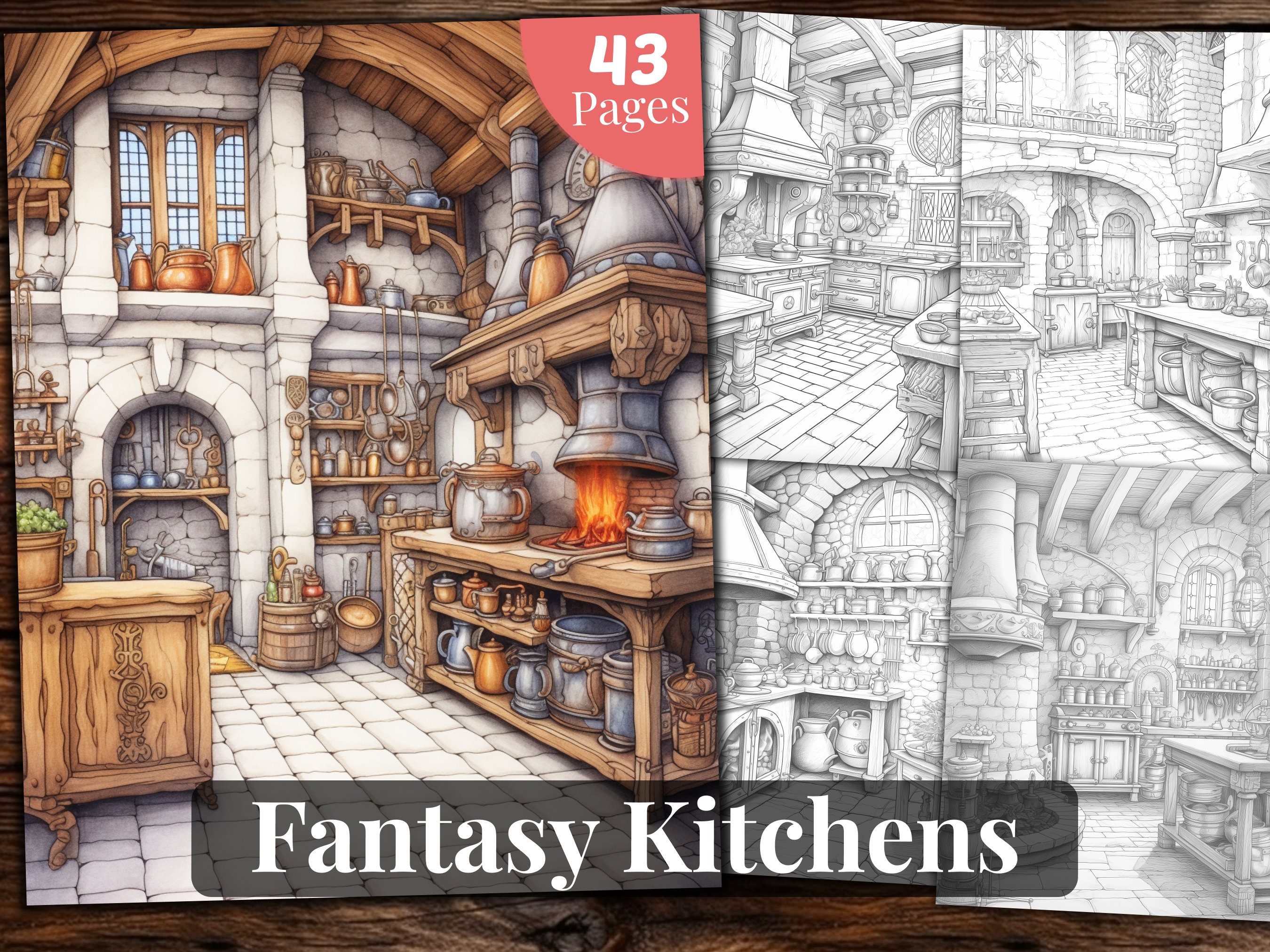 Fantasy Kitchens Coloring Book, 43 Coloring Pages, for Adults and for Kids coloring, Grayscale Coloring Book, Printable PDF