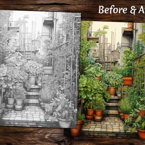 May include: A black and white pencil drawing of a small, urban garden with a brick pathway leading up a set of stairs. The garden is filled with potted plants and flowers, and there are buildings in the background.