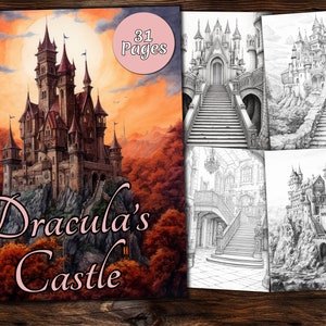 Dracula&#39;s Castle Coloring Page Book, Fantasy Coloring Book, Adult coloring book, Grayscale Coloring Page, Spooky Coloring page