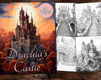 Dracula's Castle Coloring Page Book, Fantasy Coloring Book, Adult coloring book, Grayscale Coloring Page, Spooky Coloring page