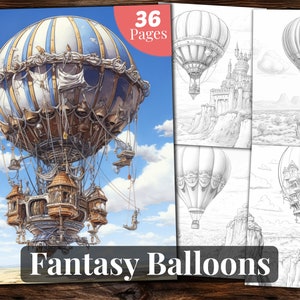 Fantasy Balloons Coloring Book, 36 Coloring Pages, for Adults and for Kids coloring, Grayscale Coloring Book, Printable PDF