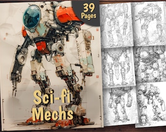 Sci-fi Mech Coloring Book: 39 Grayscale Pages (Printable PDF)