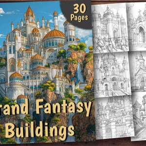 Grand Fantasy Buildings Coloring Book, 30 Coloring Pages, For Adults and Kids, Grayscale Coloring Book, Printable PDF