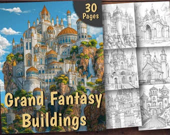 Libro para colorear de edificios de fantasía: Arquitectura en escala de grises (PDF imprimible)