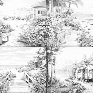 May include: A black and white illustration of four different scenes depicting a beach house, a wooden bridge leading to a beach, a cabin in the woods, and a camper parked in the woods.
