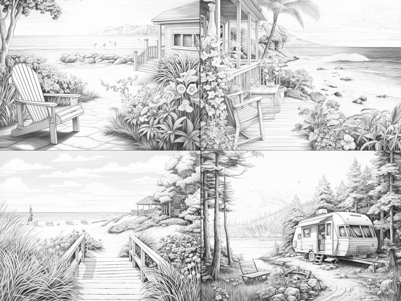 May include: A black and white illustration of four different scenes depicting a beach house, a wooden bridge leading to a beach, a cabin in the woods, and a camper parked in the woods.