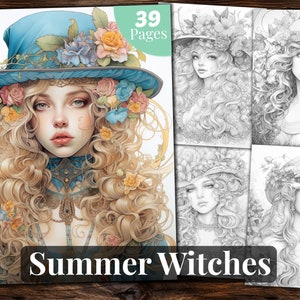 Summer Witches Coloring Book, 39 Coloring Pages, for Adults and for Kids coloring, Grayscale Coloring Book, Printable PDF