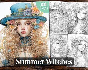 May include: A coloring book featuring illustrations of women with floral crowns and hats. The cover features a woman with long blonde hair wearing a blue hat with flowers. The title of the book is "Summer Witches" and the text "39 Pages" is in the top right corner.