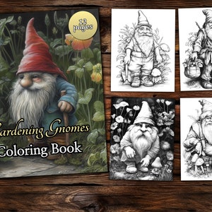 Gardening Gnomes Coloring Page Book, Fantasy Coloring Book, Adult coloring book, Grayscale Coloring Page, garden gnome Coloring page