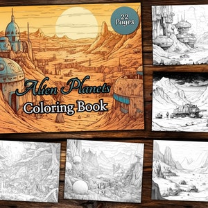 Alien Planet Coloring Book, 22 Pages, for Adults and for Kids coloring, Grayscale, Printable PDF