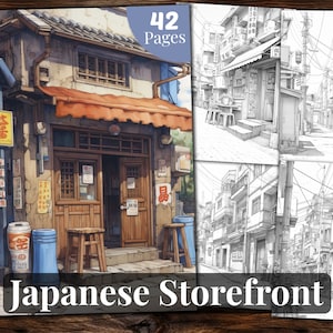 Japanese Storefront Coloring Book, 42 Coloring Pages, for Adults and for Kids coloring, Grayscale Coloring Book, Printable PDF