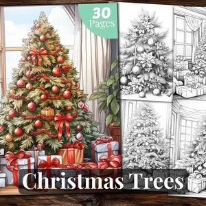 May include: A coloring book featuring 30 pages of Christmas trees decorated with ornaments, bows, and gifts. The cover shows a colorful illustration of a decorated Christmas tree with presents underneath.
