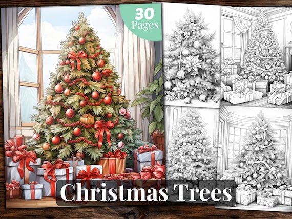 Christmas Trees Coloring Book: 30 Grayscale Pages (Printable PDF)