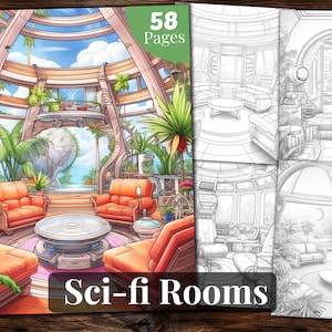 Sci-fi Rooms Coloring Book, 58 Coloring Pages, for Adults and for Kids coloring, Grayscale Coloring Book, Printable PDF