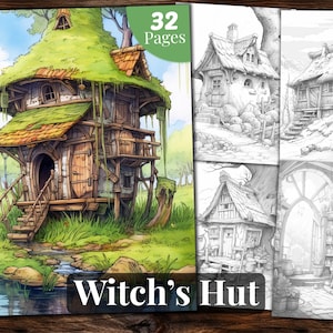 Witch's Hut Coloring Book, 32 Coloring Pages, for Adults and for Kids coloring, Grayscale Coloring Book, Printable PDF
