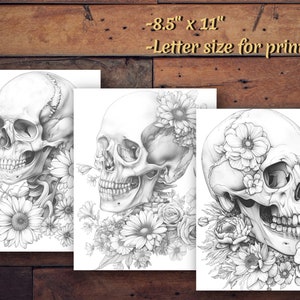 Skulls and Flowers Coloring Book, 32 Coloring Pages, for Adults and Kids, Grayscale Coloring ...