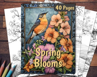 Spring Blooms Grayscale Coloring Book: 42 Printable Pages (PDF)