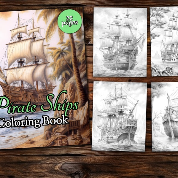 Pirate Ships Coloring Page Book, Fantasy Coloring Book, Adult coloring book, Grayscale Coloring Page, Ocean Coloring page