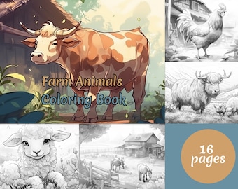 Farm Animals Coloring Page Book, Grayscale coloring, Adults & kids, Instant Download, Printable PDF