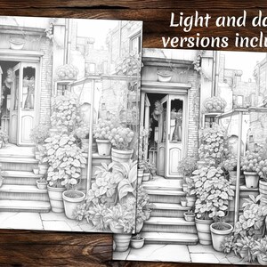 May include: A black and white illustration of a building with a doorway and a garden with plants in pots. The image is a coloring page with light and dark versions included.