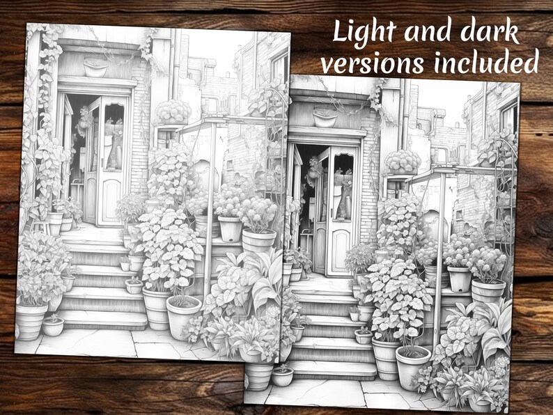 May include: A black and white illustration of a building with a doorway and a garden with plants in pots. The image is a coloring page with light and dark versions included.