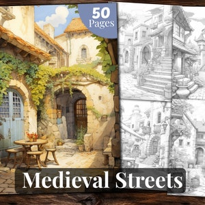 Medieval Streets Coloring Book, 50 Coloring Pages, for Adults and for Kids coloring, Grayscale Coloring Book, Printable PDF