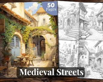 Medieval Streets Coloring Book, 50 Coloring Pages, for Adults and for Kids coloring, Grayscale Coloring Book, Printable PDF