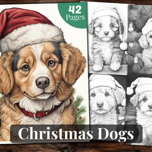 Christmas Dogs Coloring Book, 42 Coloring Pages, For Adults and Kids, Grayscale Coloring Book, Printable PDF